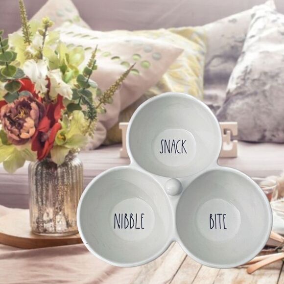 NWT Gorgeous Rae Dunn white Ceramic set of 3 attached bowls SNACK BITE NIBBLE - Picture 1 of 13